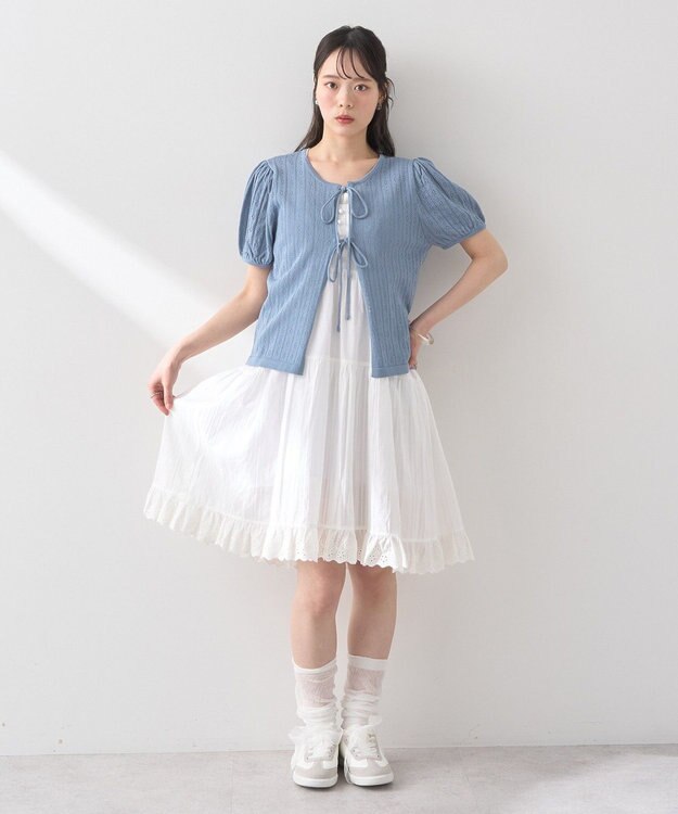 earth music&ecology 透かし編みフロントリボンカーディガン Grayish Blue