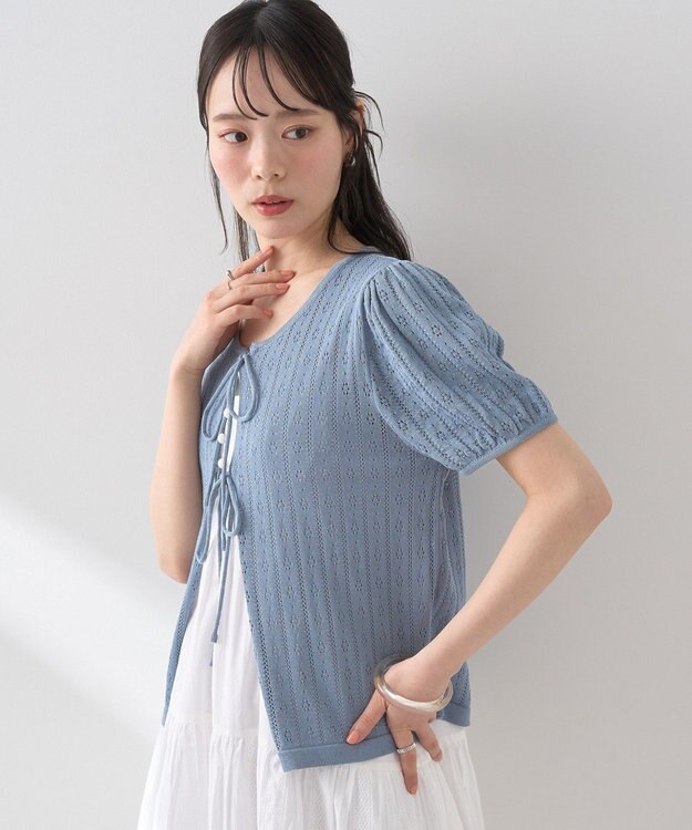 earth music&ecology 透かし編みフロントリボンカーディガン Grayish Blue