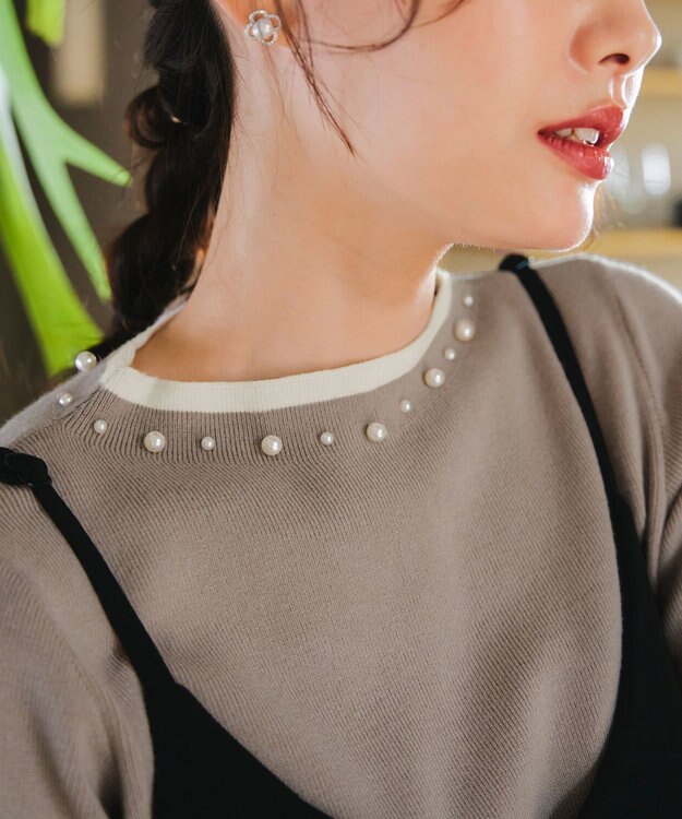 Tiaclasse L 【洗える】襟パール配色ニットトップス グレージュ