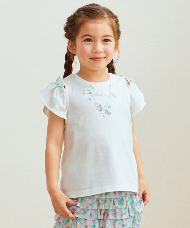 ANY KIDS 刺繍 オン・オフショルダー Tシャツ オフホワイト