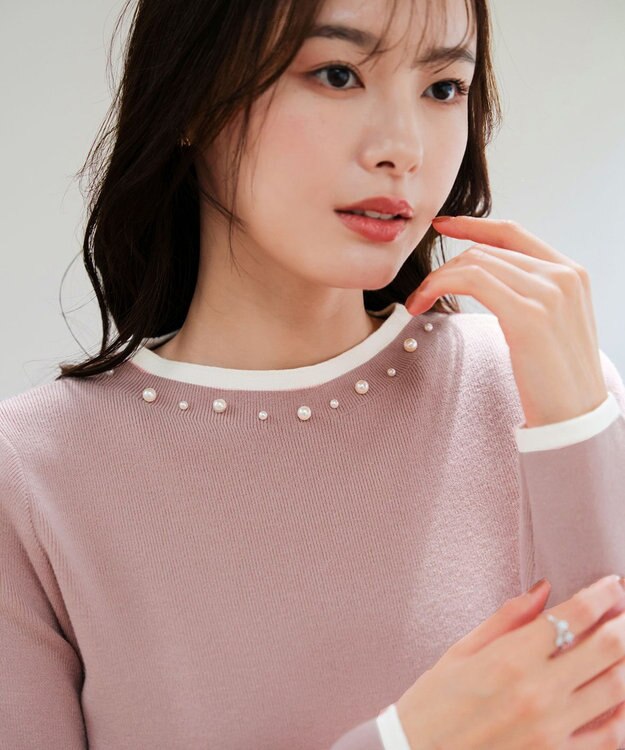 Tiaclasse L 【洗える】襟パール配色ニットトップス ピンク
