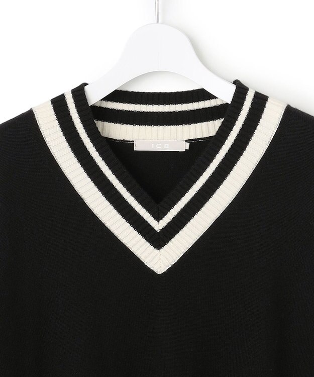 ICB ハイゲージソフトウール チルデンVネックプルオーバー ブラック×オフホワイト系