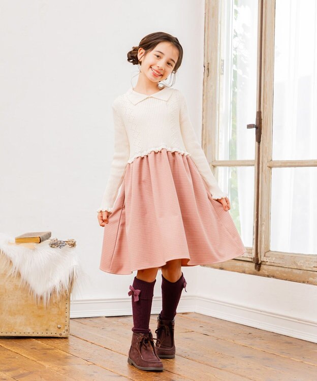 組曲 KIDS 【150-160㎝】千鳥ドッキング ワンピース アイボリー系