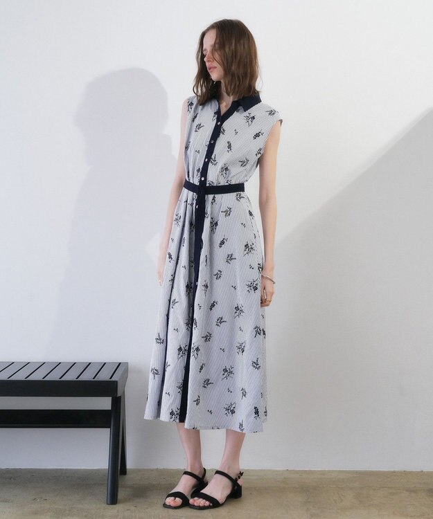 YECCA VECCA ストライプ柄フラワー刺繍ワンピース Navy