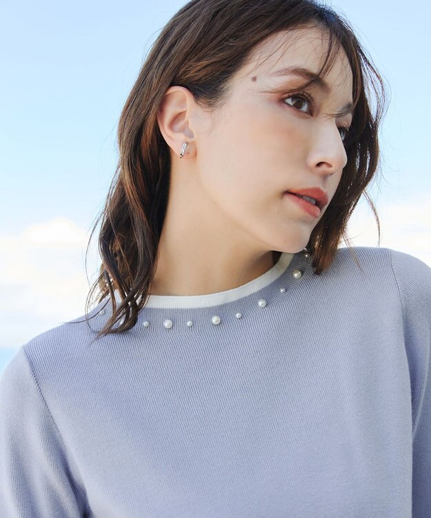 Tiaclasse L 【洗える】襟パール配色ニットトップス サックス