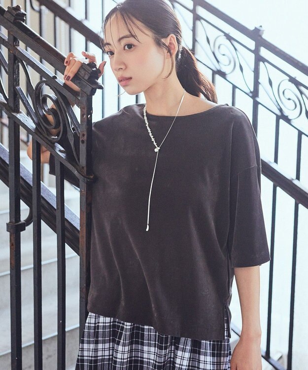 earth music&ecology シアーベロアＴｅｅ Charcoal Gray