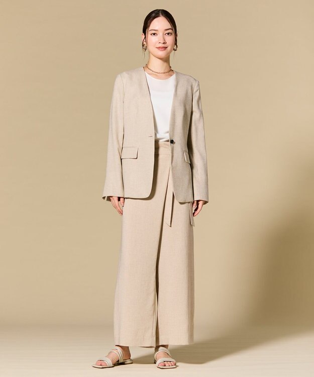 BEIGE， 【L-size】CAROLE / リネンライクノーカラーハーフ丈ジャケット Sand