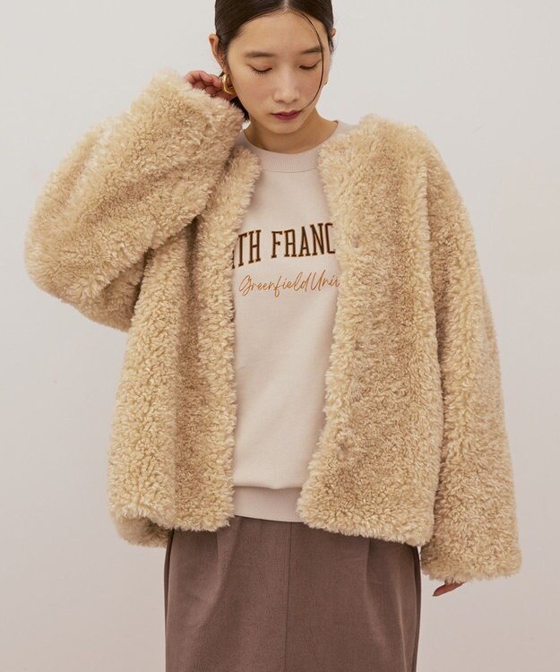 AMERICAN HOLIC ノーカラーフェイクファーコート Beige