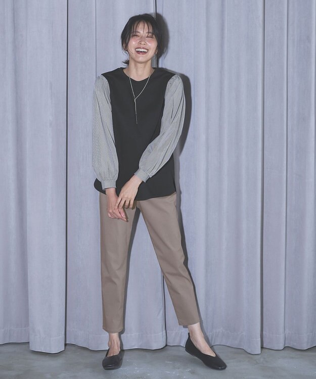 ANY 【洗濯機可】着映えるシャーリングトップス ブラック×ストライプ