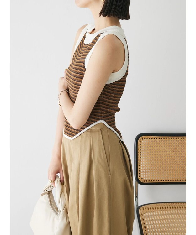 Green Parks デザインヘム配色ニットタンクトップ Brown