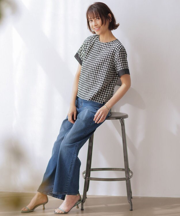 J.PRESS LADIES 【一枚で着映え】シアーギンガム クルーネック カットソー モノトーン系3