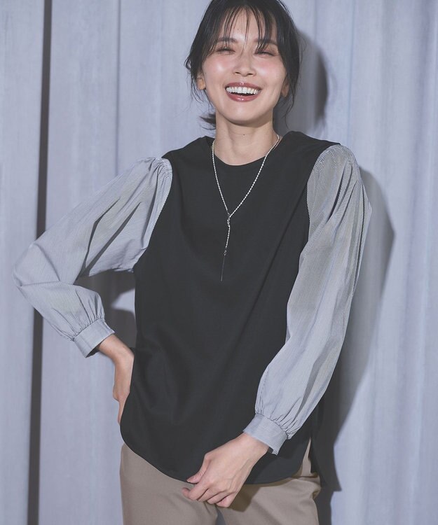 ANY 【洗濯機可】着映えるシャーリングトップス ブラック×ストライプ