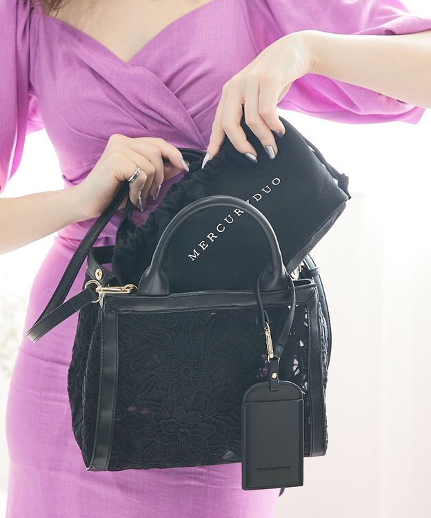 style code 【MERCURYDUO/マーキュリーデュオ】ロゴ巾着&カードケース付 軽量エンブロイダリーレース 2WAYトートバッグ ブラック