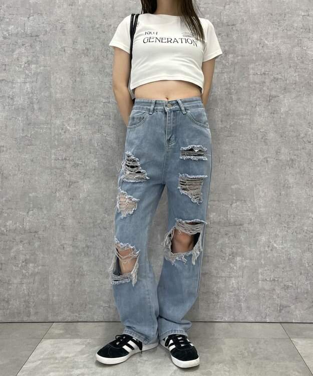 WEGO 【S～Lサイズ】ヘビークラッシュデニムパンツ デニム淡色