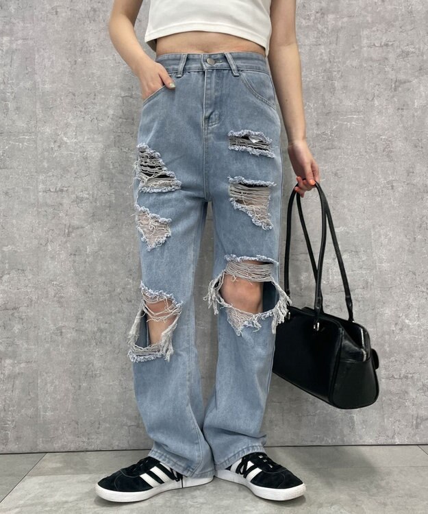 WEGO 【S～Lサイズ】ヘビークラッシュデニムパンツ デニム淡色