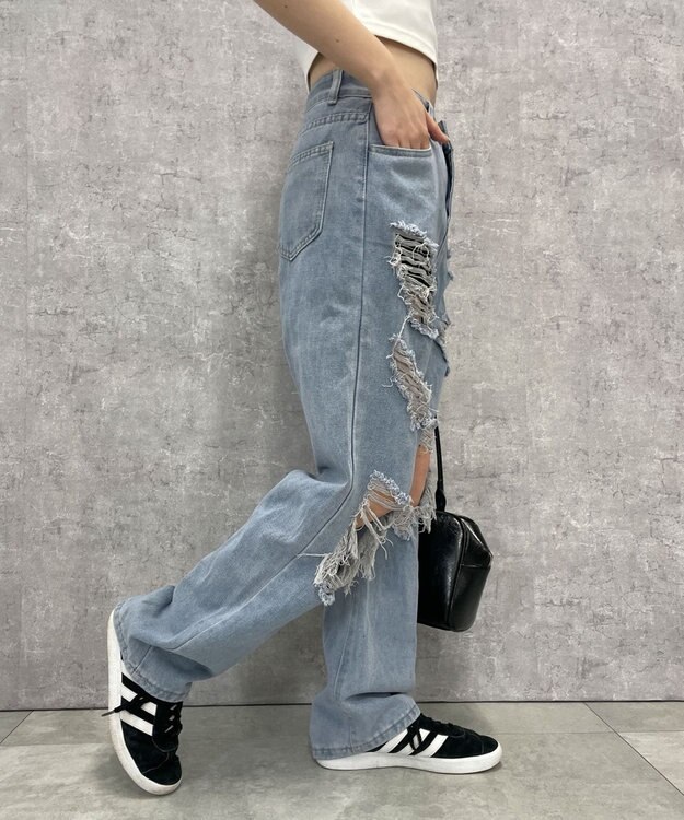 WEGO 【S～Lサイズ】ヘビークラッシュデニムパンツ デニム淡色