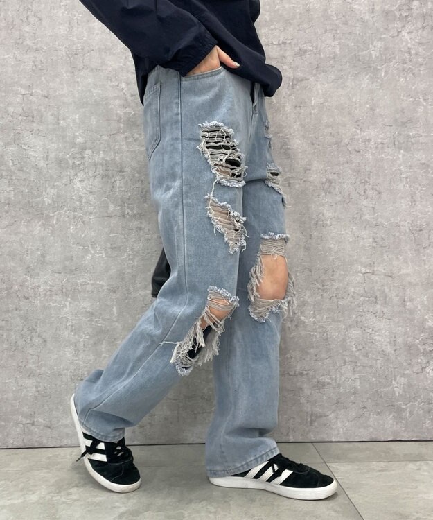 WEGO 【S～Lサイズ】ヘビークラッシュデニムパンツ デニム淡色