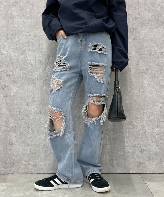 WEGO 【S～Lサイズ】ヘビークラッシュデニムパンツ デニム淡色