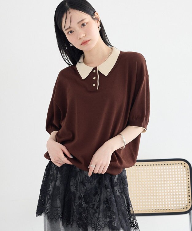 earth music&ecology バイカラーポロニット Brown