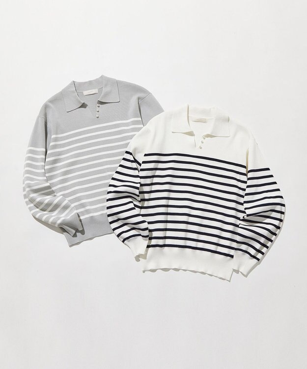 ANY SIS 【洗える】スキッパーポロ襟プルオーバー ニット オフ×ネイビー