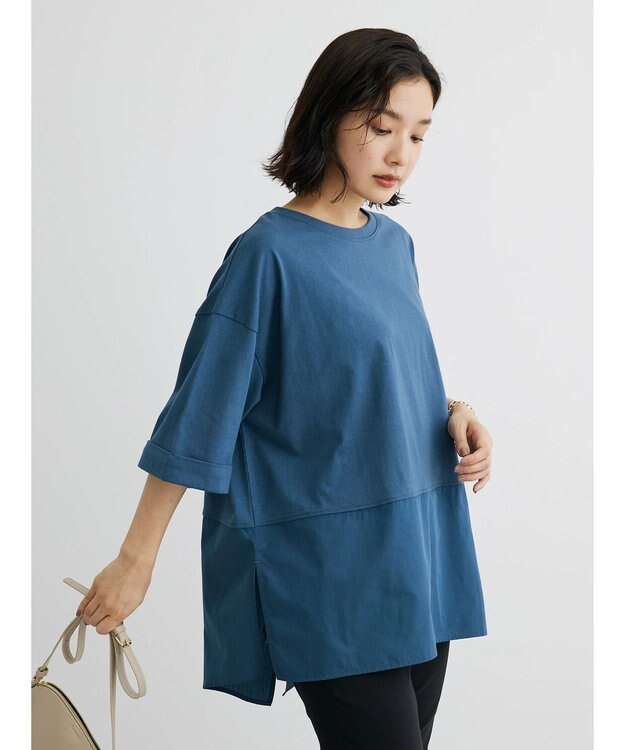 Green Parks ５分袖ドッキングバックスリットチュニック Blue