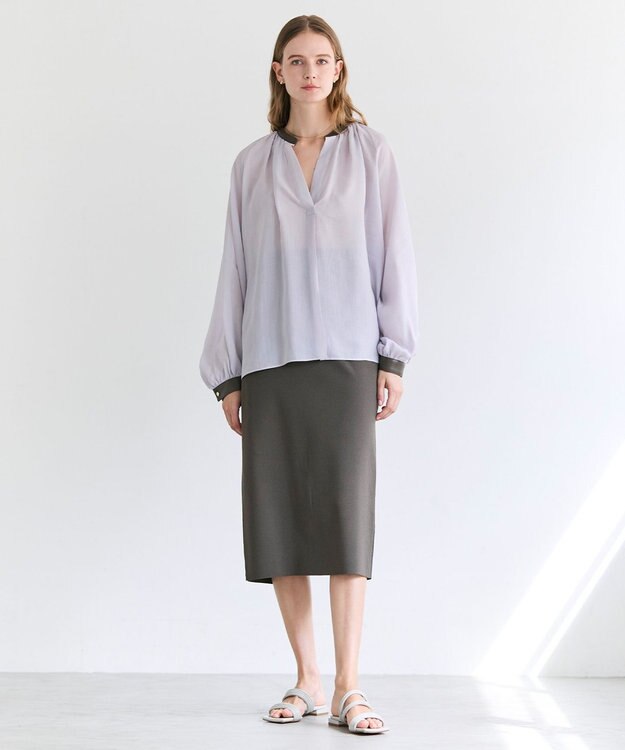 BEIGE， PAULINE / リネンヴィスコースフェイクレザー配色ブラウス Lilac