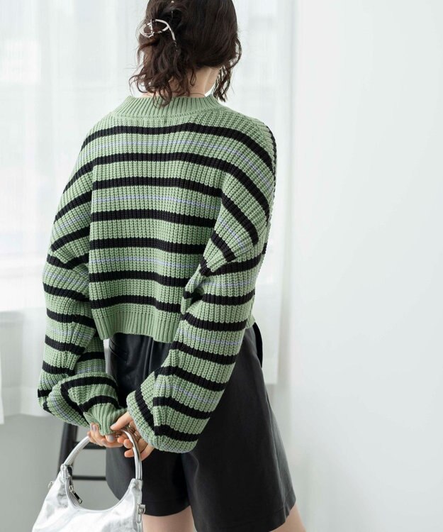 WEGO ボーダーショートニットプルオーバー グリーンボーダー