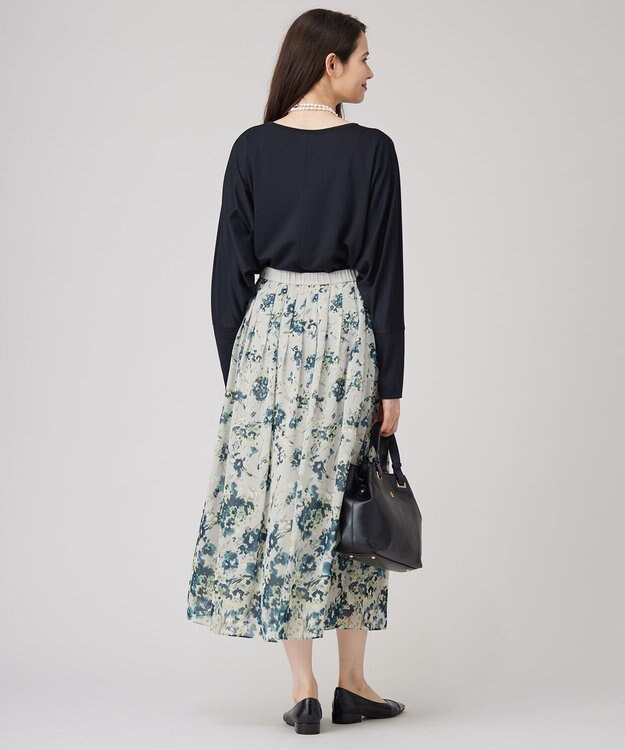 自由区 L 【洗える】オータムダリアプリント スカート ブルーグレー系