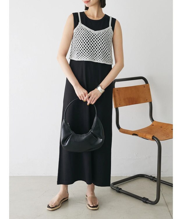 Green Parks ニットビスチェ付きカットソーワンピース Black