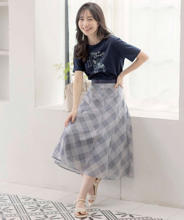 ANY SIS L 線画×刺繍ロゴ Tシャツ ネイビー×サロン