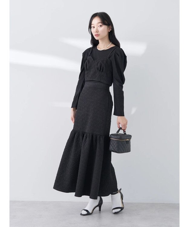 earth music&ecology エンボスフラワー　切替ボリュームスカート Black