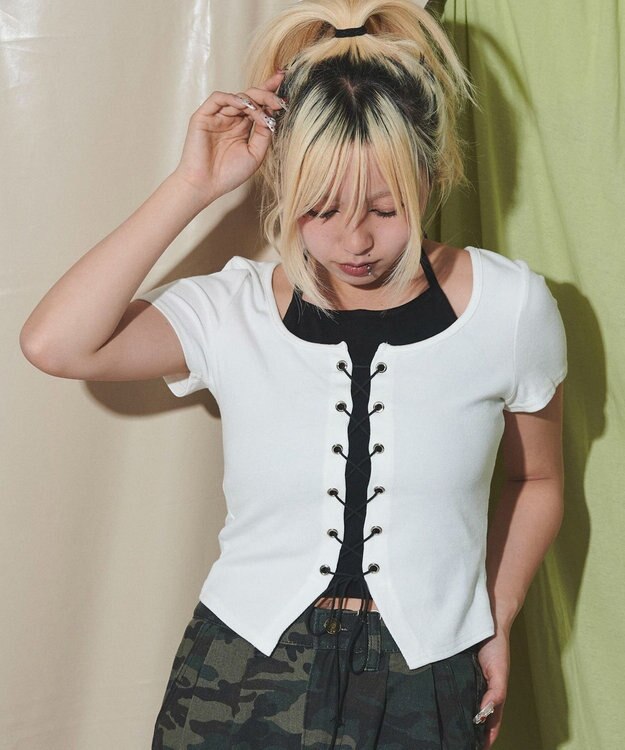 WEGO フロントレースアップレイヤードT ホワイト