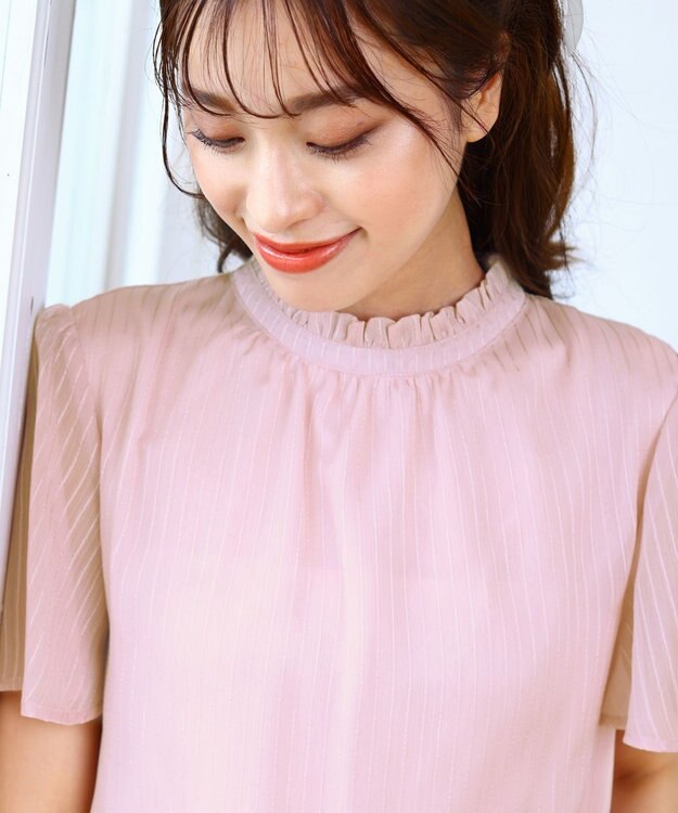 Tiaclasse 【洗える】大人上品なシフォンジャガードフリルカラーブラウス ピンク
