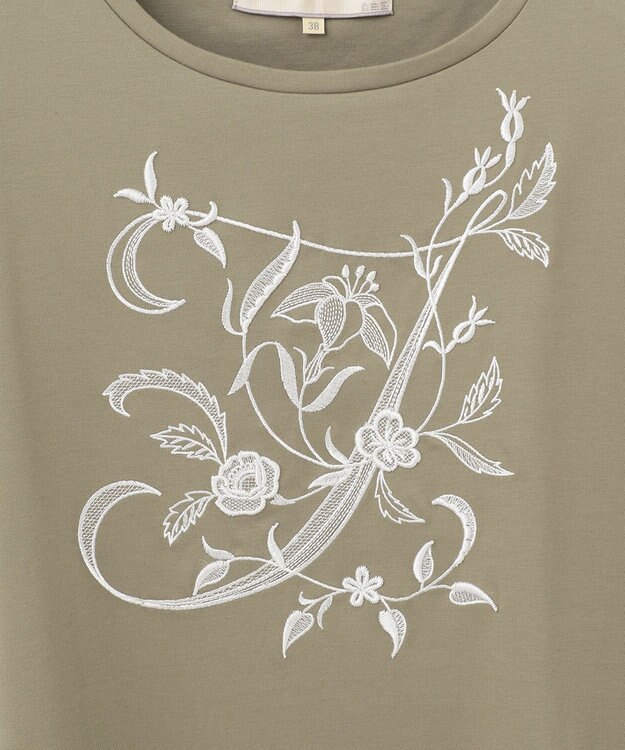 自由区 【洗える】エンブロイダリー フロントデザイン Tシャツ カーキ系