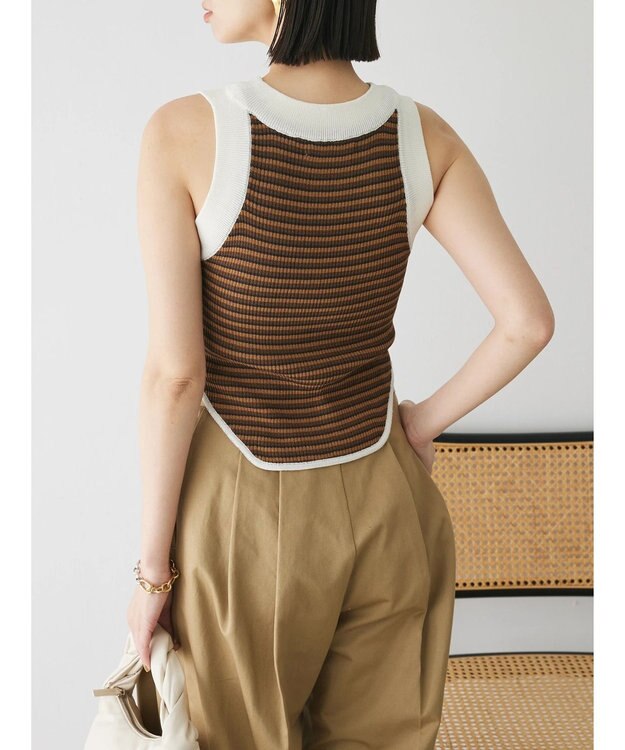 Green Parks デザインヘム配色ニットタンクトップ Brown