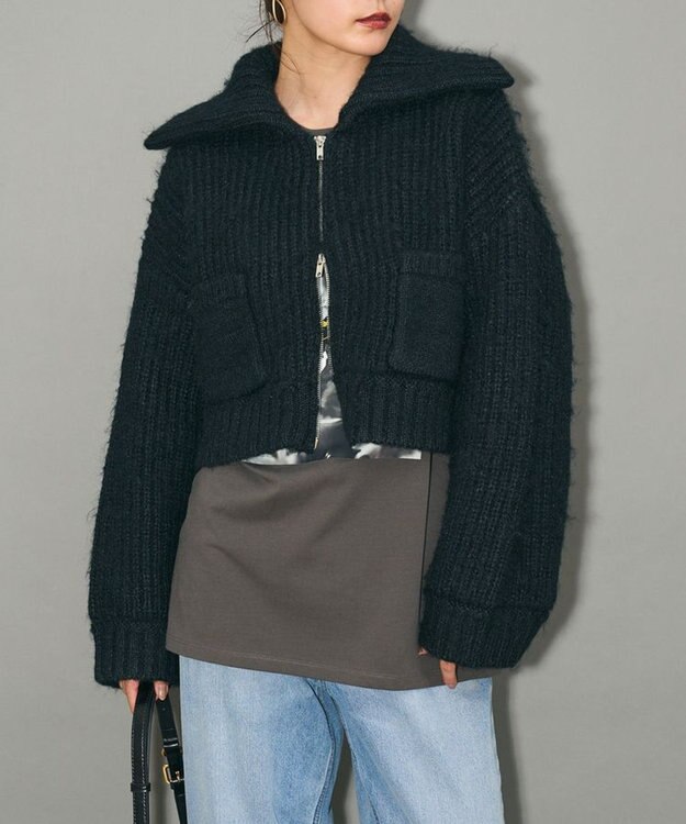 Green Parks フロントジップビックカラーニットブルゾン Navy