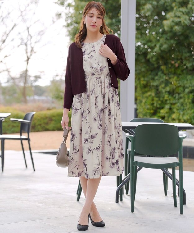 Tiaclasse 【2点セット】ニットボレロ＋花柄ワンピースセット ボルドー×オフホワイト