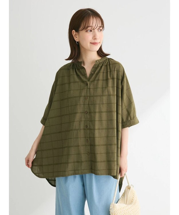 Green Parks インド綿 チェックドビーブラウス Khaki