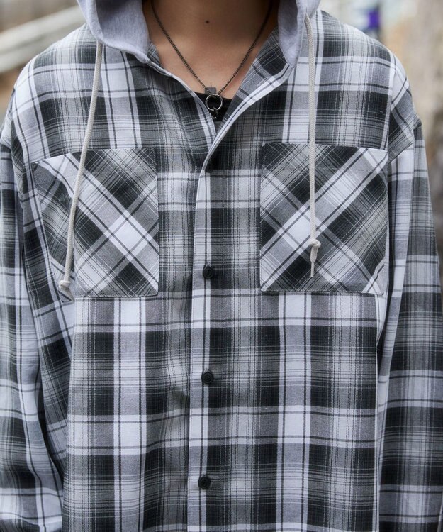 WEGO 【ユニセックス着用ITEM/MLサイズ展開】オンブレチェックフードシャツ（LS） ブラックチェック1