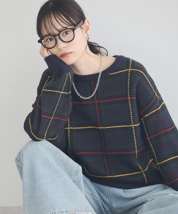 earth music&ecology チェックジャガードニットプルオーバー Check Navy