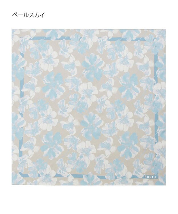 MOONBAT 【シルク100%】FURLA (フルラ) 花柄 シルクプリントスカーフ 65cm×65cm  UV対策 手洗い可能 ペールスカイ