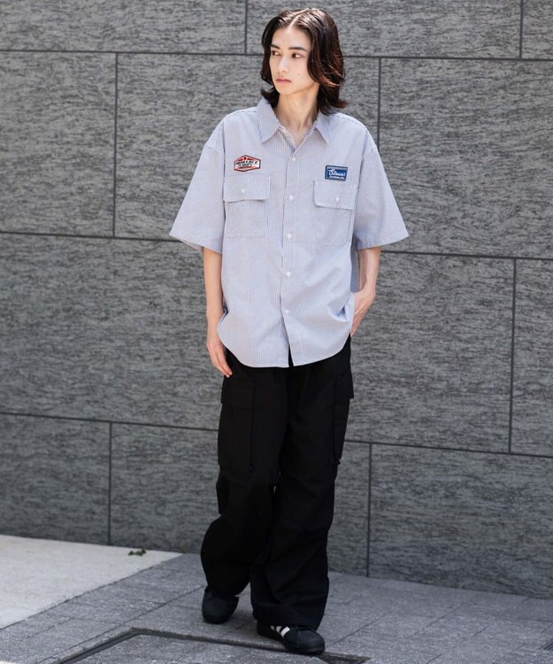 WEGO 【ユニセックス着用ITEM/MLサイズ展開】オックスフォードワッペンシャツ（SS） ブラックストライプ