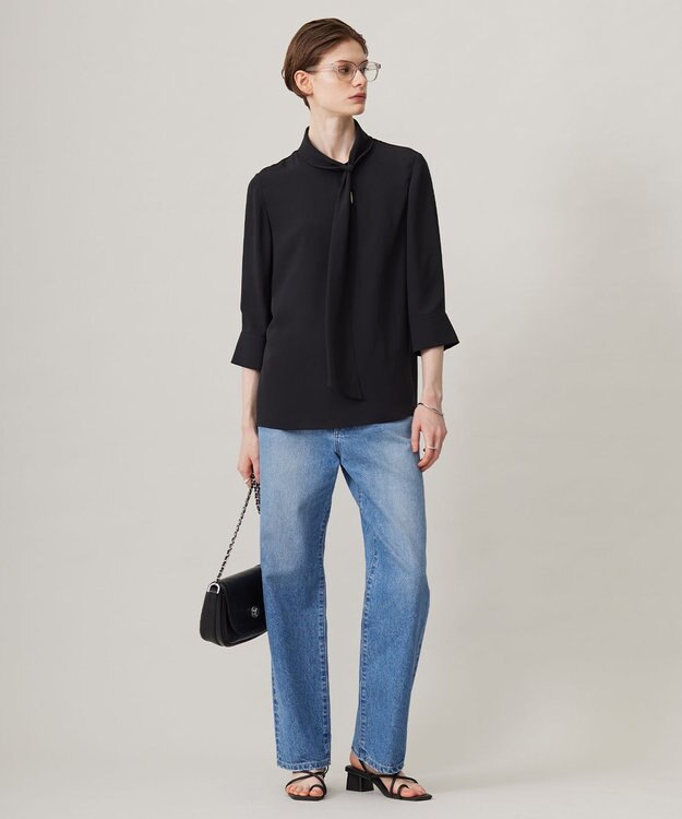 ICB L 【接触冷感・UVケア・速乾・洗える】BackSatinAmunzen ボウタイブラウス ブラック系