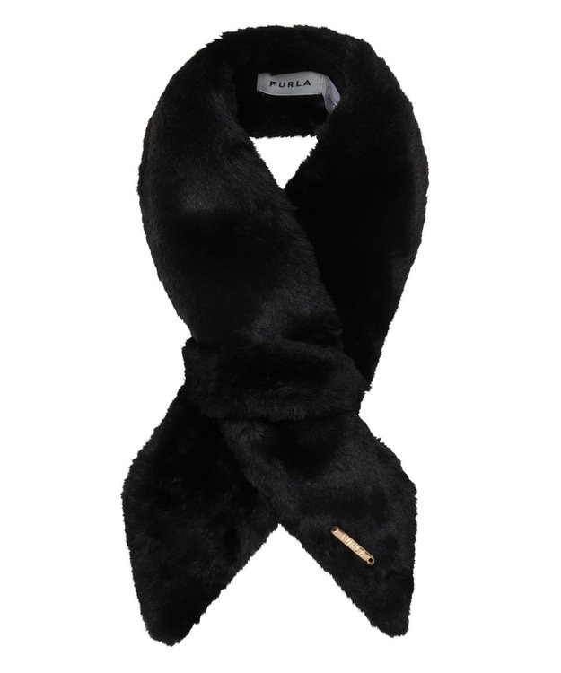 MOONBAT FURLA（フルラ）ファーティペット 差し込み 三角 ロゴプレート付 ファーマフラー フェイクファー ブラック