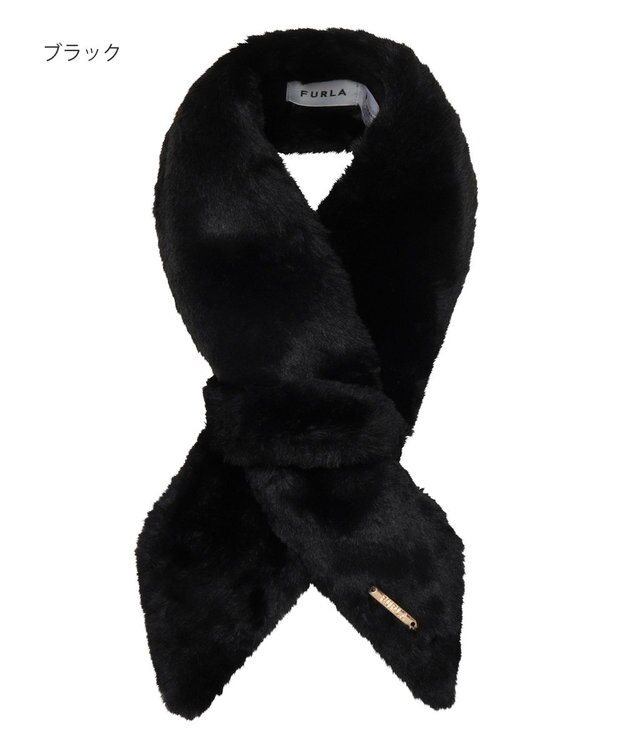 MOONBAT FURLA（フルラ）ファーティペット 差し込み 三角 ロゴプレート付 ファーマフラー フェイクファー ブラック