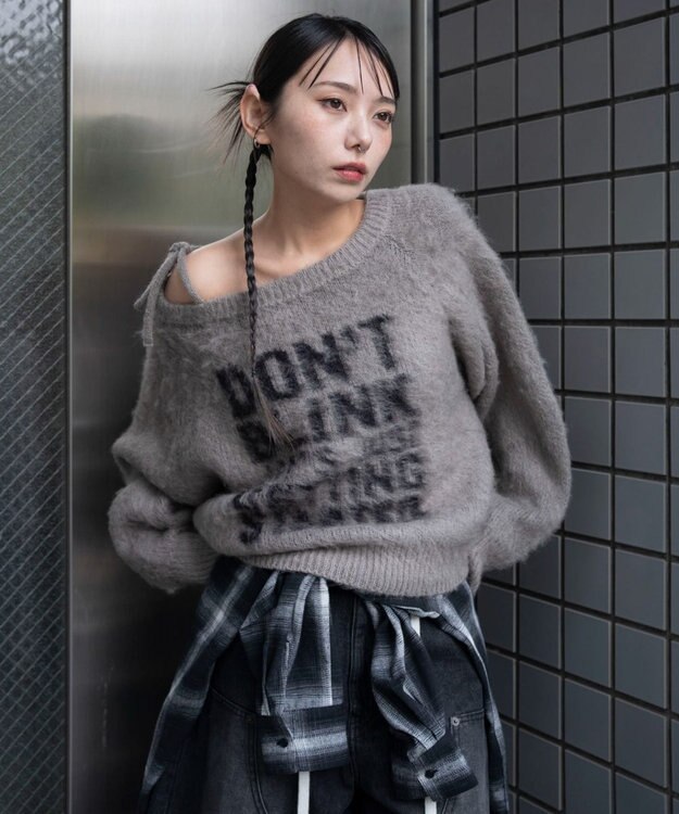 WEGO シャギー2WAYグラフィックワンショルニット グレー