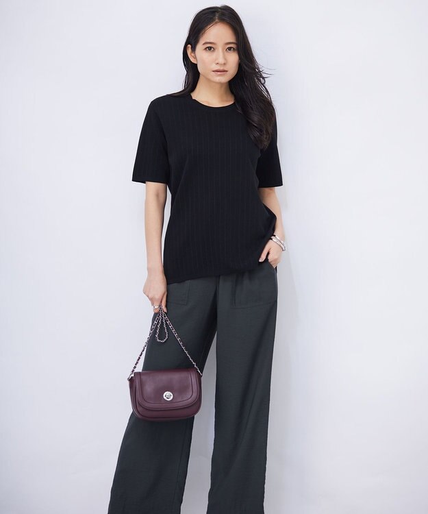 ICB 【洗える】 ストライプパターン ニットトップス ブラック系