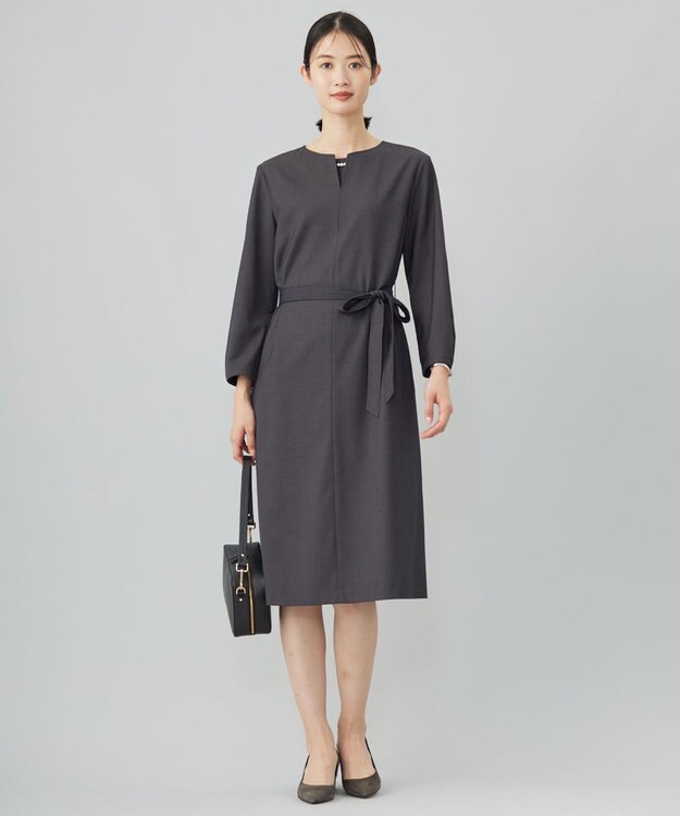 J.PRESS LADIES L 【洗える】T/Rウォッシャブルギャバ パール釦 ワンピース チャコール系