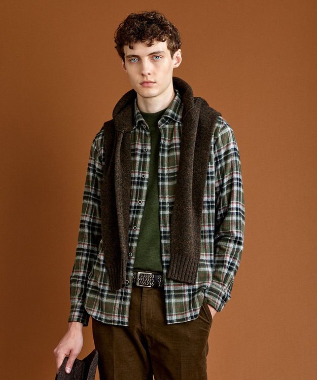 JOSEPH ABBOUD 【キングサイズ・柔らかな肌触り/暖かい】 ラフィーコットンフランネルシャツ カーキ系4