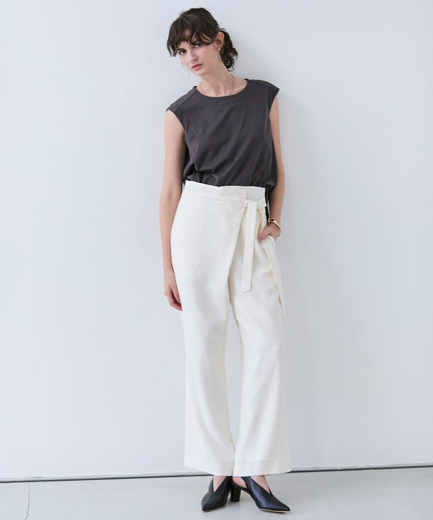BEIGE， 【洗える】CAROLE / リネンライクラップワイドパンツ Ecru